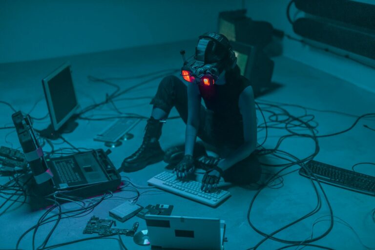 A woman in VR gear surrounded by computers and cables, immersed in a virtual simulation.