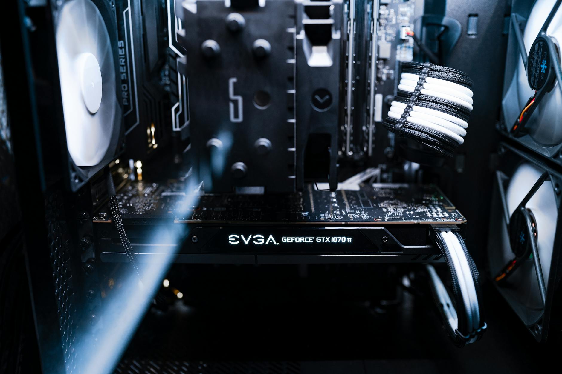 Detailed view of a contemporary gaming computer's components and cooling system.